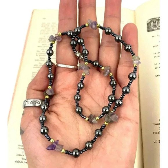 Natural Stone and Metal Beaded Necklace Amethyst  16" Choker Purple Gray - Picture 7 of 14